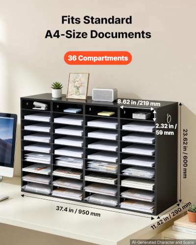 VEVOR Wood Literature Organizer 36 Compartments Office Mailboxes Black | Countertop Literature Sorter for Files Documents Papers, with Adjustable Shelves, for Office, Home, Classroom Organization