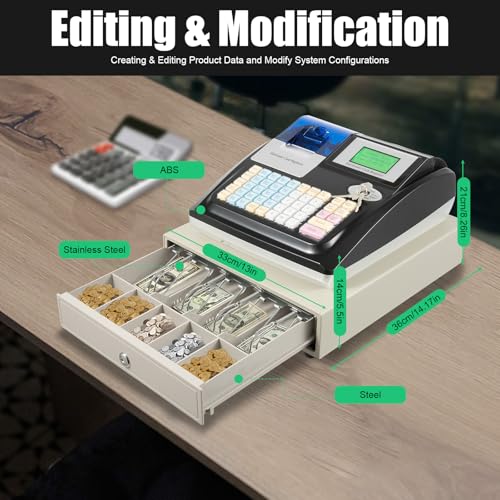Electronic Cash Register, 48 Keys Commercial Cash Register with LED Display and Thermal Printer Head, 4 Bill 5 Coin Tabletop Cash Register Drawer Receipt Printer for Retailer Supermarket
