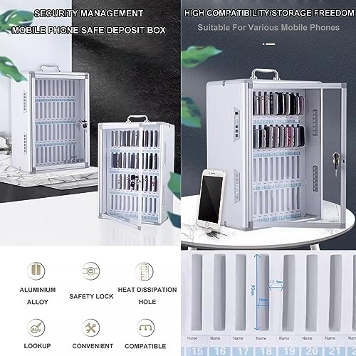GMTstore 12/24/36/48/60 Slots Cell Phone Cabinet Aluminum Alloy Pocket Chart Storage Locker Box with Portable Handle Key Lock & Handwritten Tags (Color : Silver, Size : 36)