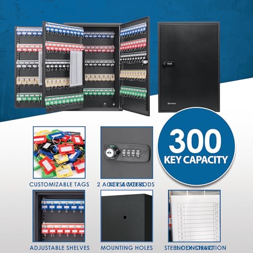 Barska 300 Position Key Lock Box – Wall Mount Key Cabinet with Numbered Hooks, Key Log Sheet, Colored Key Tags, Labeled Shelves, Solid Steel Construction – Secure Key Organizer Cabinet Key Box