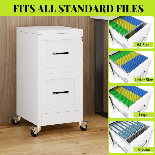 GDNVBRDS 2-Drawer Rolling Metal File Cabinet with Lock, Narrow, White