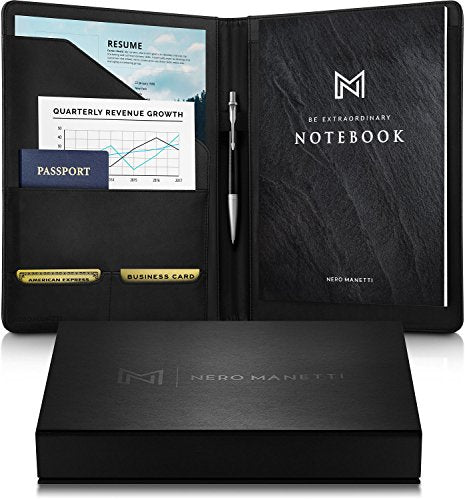 NERO MANETTI- Leather Portfolio Folder - Business PU Leather Portfolio Notepad Holder for Resumes, Legal Pad Portfolio Executive Binder, Professional Padfolio Notebook for Women/Men