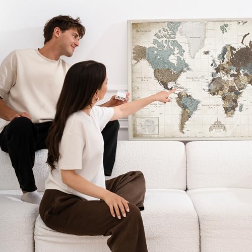 Canvas World Map with Cork Pin Board - English Lettering - Decorative Wall Decoration for All Rooms - Canvas Pictures with World Map Motif (90x60 cm, Pattern 25)