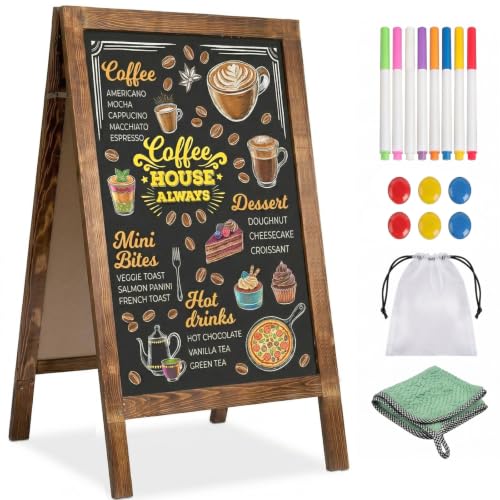 Double-Sided A-Frame Chalkboard Sign 40x20, Magnetic Sidewalk Sign with Solid Pine Wood Frame, Large Chalkboard Easel Menu Board for Restaurants, Cafes, Weddings & Outdoor Display with Accessories