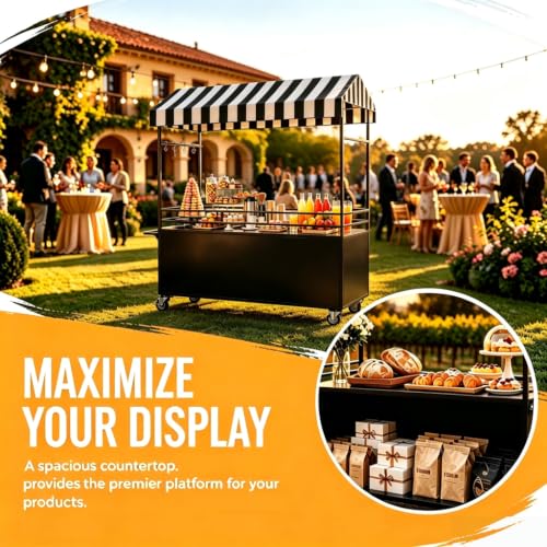 55in Portable Vendor Cart with Canopy and Lockable Wheels (Black)