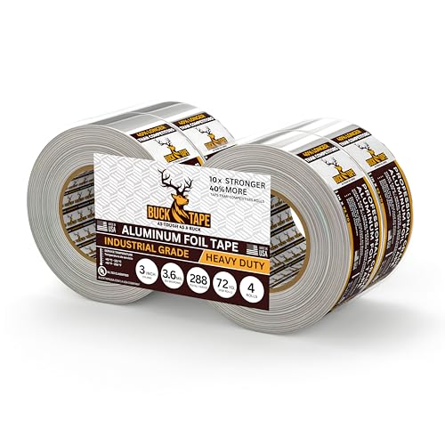 4 Pack Buck Aluminum Foil Tape – 3 Inch x 216ft (72 yd), 3.6 Mil – HVAC Tape for Ductwork, AC, Dryer Vents & Insulation – Silver Foil Tape for Metal Repair, Exhaust Sealing & Air Conditioning