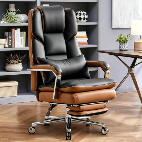 Furniliving Big and Tall Office Chair with Footrest, PU Leather High Back Executive Office Chair with Adjustable Lumbar Support, Wide Seat Reclining Desk Chair with Armrest, Height Adjustment, Black