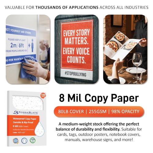 TerraSlate Premium Waterproof Printer Paper, 8 Mil 8.5 x 11 Inches, Durable & Heavy-duty paper (100 Sheets)