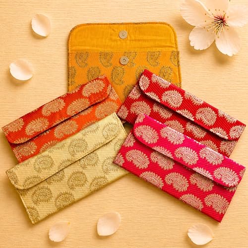 LoveNspire Brocade Fabric Money Envelopes (7.5 x 3.5 Inch) Decorative Paisley Pattern Shagun Lifafa for Indian Wedding, Birthday | Cash Gift Holder & Home Savings Organizer Magenta/Pack of 10