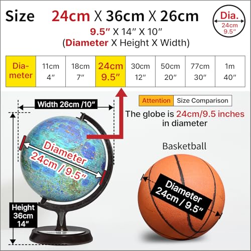 Mapsoft Guide Topography Moon Globe, 24cm/9.5″, MT-24, Lunar Globe, Moon Map, Moon Atlas, Moon Poster, The Moon, The Lunar, Lunar Map, Lunar Atlas, Astronomy Toys
