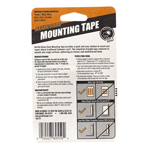 Gorilla - Heavy Duty Double Sided Mounting Tape; Weatherproof; 1" x 60"; Black; (Pack of 8)
