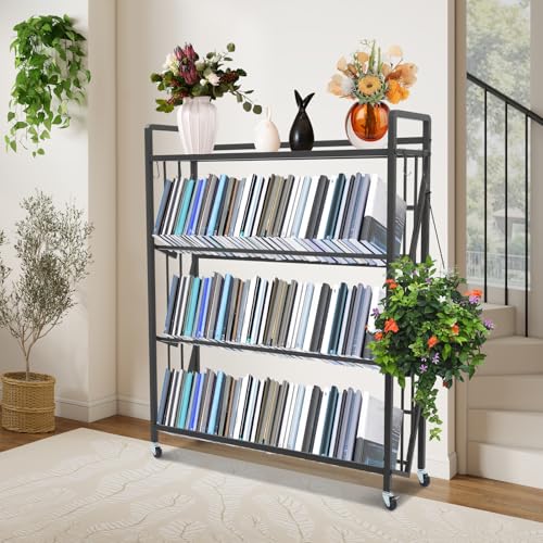 Ginelm 4-Tier Rolling Book Cart, Large Capacity Bookshelf Storage Rack Organizer, Mobile Book Storage with Wheels for Home Office, Living Room, Classroom