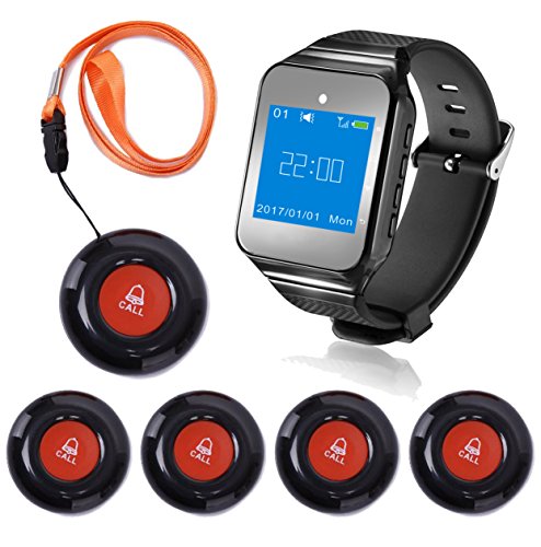 CallToU Wireless Caregiver Pager Smart Call Button Vibration System 500+ ft Nurse Call Bell Alert System for Elderly Monitoring Clinic/Medical Institution/Nursing Home 1 Wrist Receiver 5 SOS Buttons