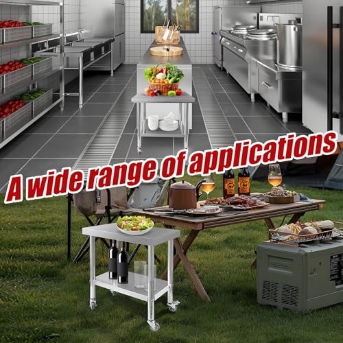 Fsehyue Stainless Steel Work Table 30"x24"x33" Metal Adjustable Under Shelf Prep Table 500 LBS Load Capacity with 4 Caster Wheels Heavy Duty Food Prep Worktable for Home Hotel Kitchen Restaurant