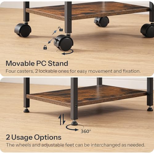 HOOBRO PC Stand, 2-Tier PC Tower Stand Fits Most Computer Towers, CPU Holder for Floor, Height Adjustable, CPU Stand with Wheels Under Desk, for Home Office, Rustic Brown and Black BF11CJ01