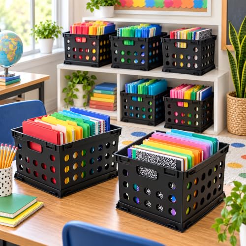 CNEIESD 6-Pack File Crate, Storage Crates, Plastic Storage Bins for Letter & Files, Stackable Organizer Box with Handles, Black File Organizer for Home Office & Garage, 17.25" L x 14.25" W
