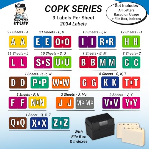 Alphabet Labels for File Folders, A to Z Plus Mc Desk Set with File Box and Indexes, Doctor Stuff, 2034 Labels, Compatible with Colwell Jewel Tone COAM Alpha Stickers Series, Medical Chart Labels
