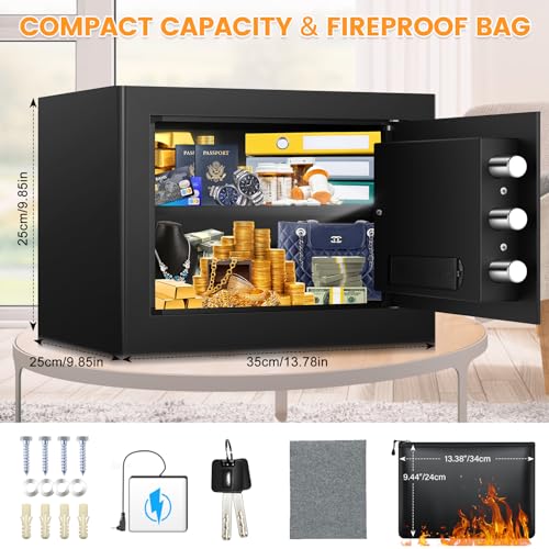 9.84"H Small Safe Box for Money | 1.2 cuft Security Safe with Fireproof Bag