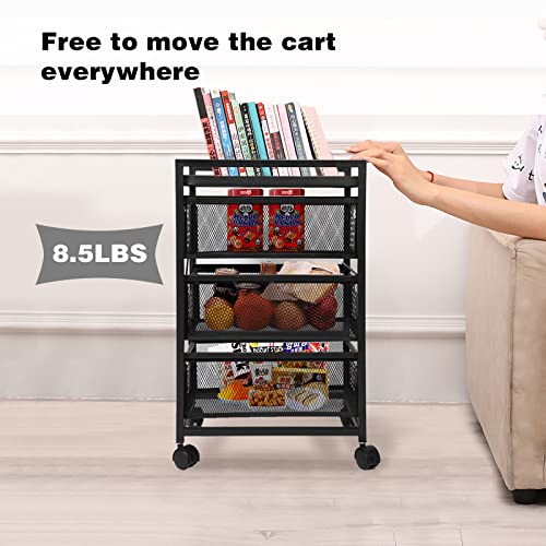 Office Vertical File Cabinet with 3 Drawers, Mesh Storage Drawer Cart with Lock on Wheels, Printer Stand Filing Cabinet for A4, Letter Sized Document with Durable Steel Construction, Black