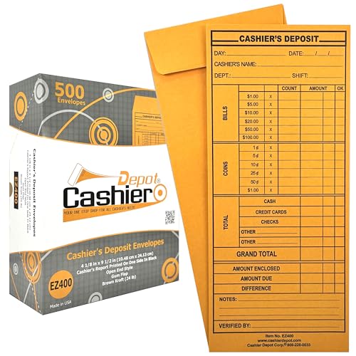 500 Cashier Depot EZ400 Cashier's Deposit Report Envelope, 4 1/8" x 9 1/2", Sturdy 24lb. Brown Kraft, Cash Drop Envelopes For Hotels, Restaurants, Gas Stations & Retailers, 500/Box