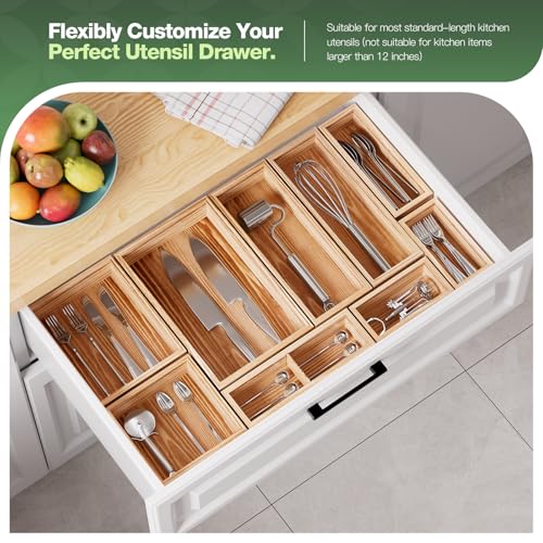 9-Pack Solid Wood Junk Drawer Organizer, Modular Desk Drawer Tray & Accessories with Non-Slip Pad, Multi-Use for Kitchen, Office, Bedroom Dresser, Utensil, Makeup, Stationery, Tea Bags & Coffee Pod