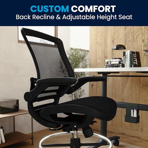 BizChair Mid-Back Transparent Black Mesh Drafting Chair with Black Frame and Flip-Up Arms