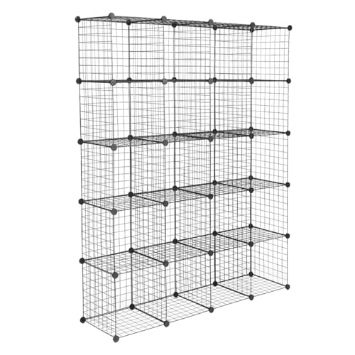 Kaireey 20-Cube Modular Wire Grid Storage Organizer, DIY Metal Cube Shelving Unit with Plastic Connectors, Origami Bookcase for Closet, Bedroom, Living Room & Office, Black