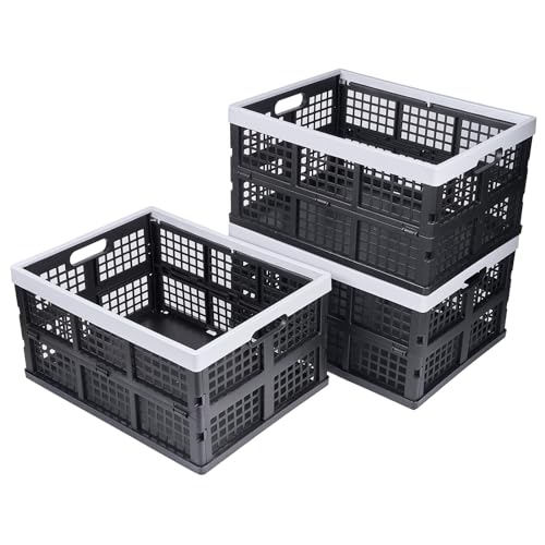 Aebeky 3-Pack Plastic Collapsible Storage Crates-30L,Foldable Plastic Crates for Storage (Black+Gray)