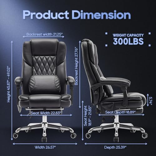 Massage Office Chair with Footrest, High Back Executive Chair, Ergonomic Desk Chair with Removable Pillow, 2 Lumbar Massage Points, Reclining, Leather Computer Chair, Black, Set of 2