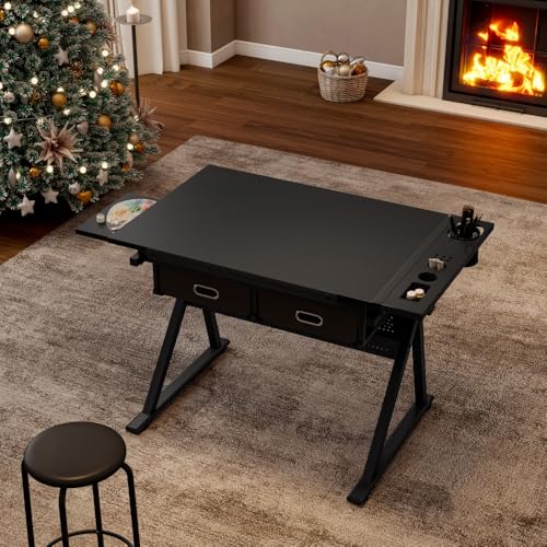 NestLude Adjustable Drafting Table with Stool, Tilting Art Desk with Storage Drawers for Home Office, Reading, Writing, Crafting. Perfect for Artists and Hobbyists.(Black)