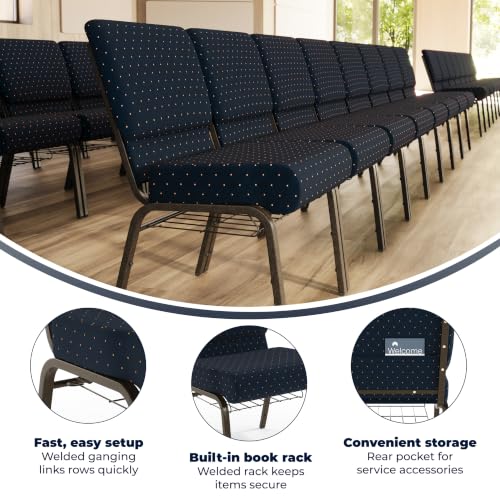 Flash Furniture HERCULES Series 21''W Church Chair in Navy Blue Dot Patterned Fabric with Book Rack - Gold Vein Frame