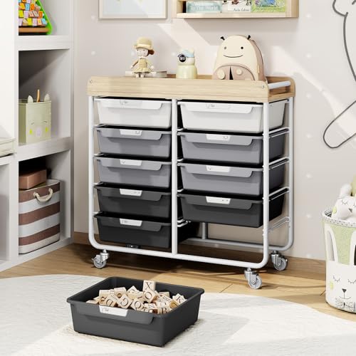 10 Drawer Rolling Storage Cart with Wood Top for Classroom Crafts Grey
