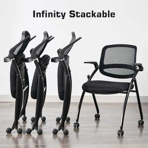 BoisKom Folding Office Chair Flip Up Arm，Conference Room Chairs with Wheels, Foldbable Office Desk Chair with Adjustable Back Rest for Training Room, Guest Reception Chair (Black)
