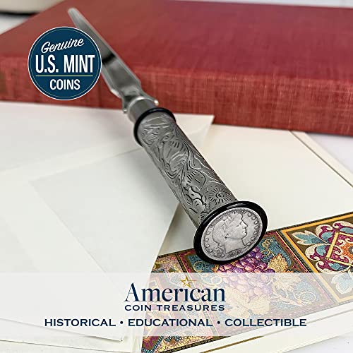 American Coin Treasures Coin Letter Opener Barber Dime- Antiqued Silvertone Brass Handle-Genuine United States Coin