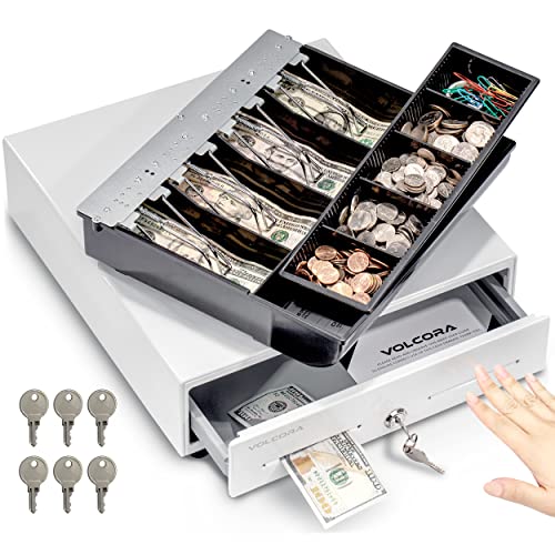 Volcora 13" Manual Push Open Cash Register Drawer for Point of Sale (POS) System, White Heavy Duty Till with 4 Bills and 5 Coin Slots, Key Lock with Fully Removable Money Tray and Double Media Slots