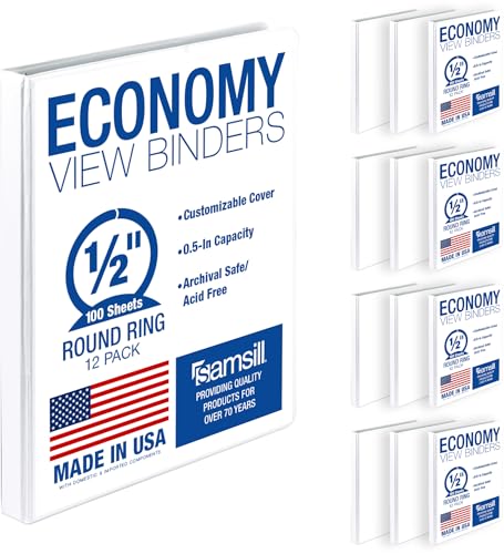 Samsill 0.5 Inch 3 Ring Binder, Economy Round Ring, Clear View Cover, 100 Sheet Capacity - for School, Home, Office - White, 12 Pack