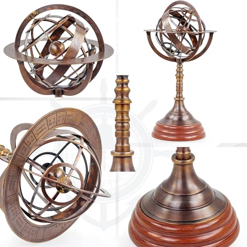 Nagina International 19.9" Armillary Sphere Globe Antique Brass | Home Decor & Table Center Piece | Engraved Brass Tabletop Functional Rotatable Armillary Sphere Nautical Globe Antique Astrolabe