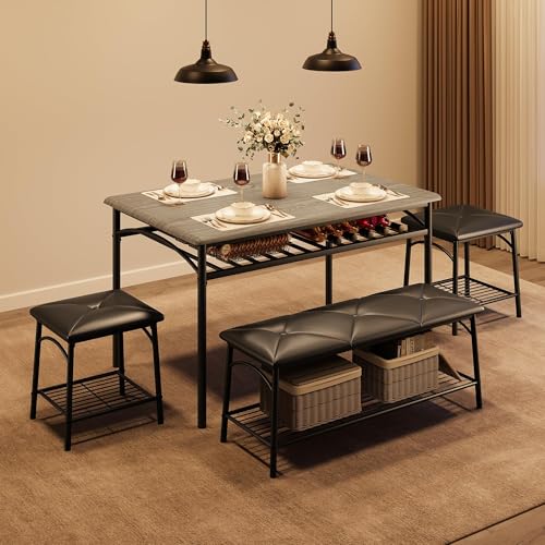 IDEALHOUSE Dining Table Set for 4, Kitchen Table with Upholstered Bench and 2 Chairs, Kitchen Table and Chairs Set with Storage Shelf,Small Space Saving Design, Easy Assembly, Retro Gray