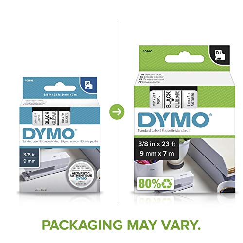 DYMO Standard D1 40910 Labeling Tape (Black Print on Clear Tape, 3/8'' W x 23' L, 1 Cartridge), DYMO Authentic