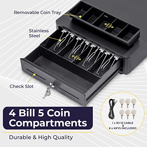 Volcora Cash Register Drawer for (POS) Point of Sale System with Round Corner 13", Removable Coin Tray, 4 Bill/5 Coin, 12-24V, RJ11/RJ12 Key-Lock, Media Slot,Cash Till for Businesses, Black