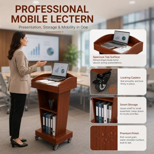 Wooden Pulpit Lectern Podium with Wheels and Storage for Church Classroom