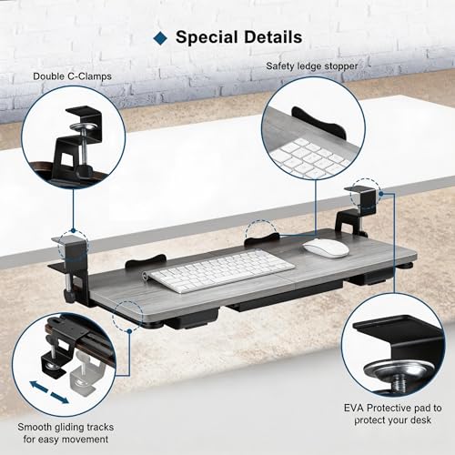 TECLUK Keyboard Tray Under Desk with Drawer,26.77" X 11.81" (Grey)