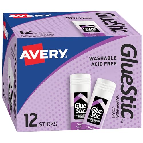 Avery Glue Stic, Disappearing Purple, 36 Grams, 12 Glue Sticks