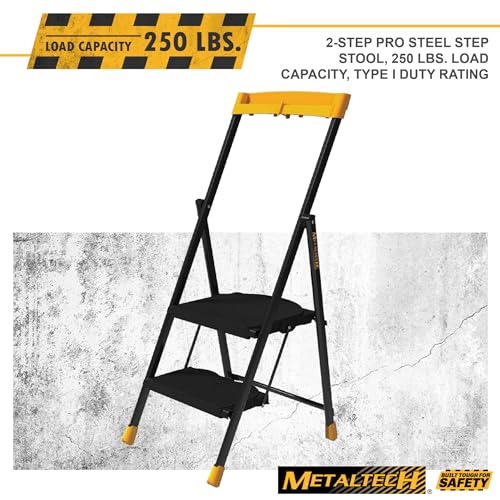 Metaltech E-SLC2YW 2-Step Pro Steel Step Stool Type I with Utility Tray, Compact Folding Step Stool for Home Improvement, 250-lb Capacity Collapsible Stool with Safety Rail and Utility Tray