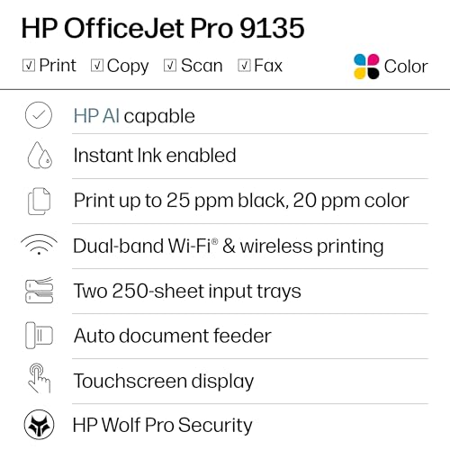 HP OfficeJet Pro 9135 Wireless All-in-One Color Inkjet Printer, Print, Scan, Copy, Fax, ADF, Duplex Print/scan, Best-for-Office, 3 Month Trial of Instant Ink Included, AI-Capable (C2WM0A)