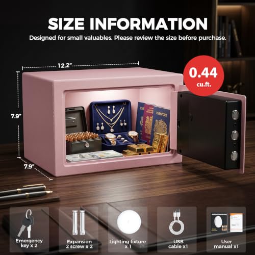 ANBEGE Mini Biometric Safe Box for Home, 0.44 Cu Ft Small Fingerprint Safe with Keypad & Keys, Steel Personal Security Safe with Magnetic Light, for Jewelry, Cash, Passport, Medication, Light Pink