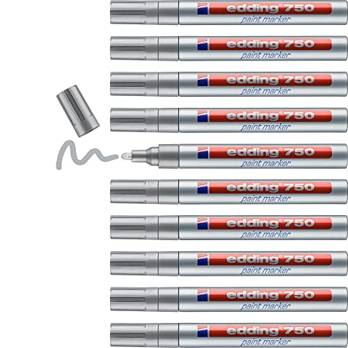 Edding 750 paint marker - silver - 10 pens - round tip 2-4 mm - paint marker for marking and labelling metal, glass, rocks or plastic - heat-resistant, permanent, smudge-proof and waterproof