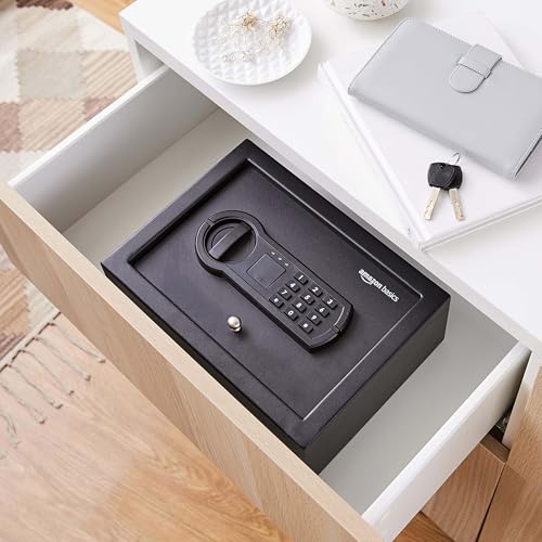 Amazon Basics Small Slim Desk Drawer Security Safe with Programmable Electronic Keypad, Secure Quick Access, 0.1 Cubic Feet, Black, 11.8"W x 8.6"D x 4.4"H