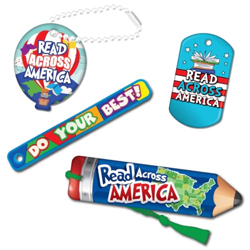 2024 Celebrate Read Across America Day School Pack for 250 Students: Five Items per Student- 2 Brags Tags w/ 4 in. Chain, Bookmark w/Tassel, & & Rubbery 3D Brag Stick.