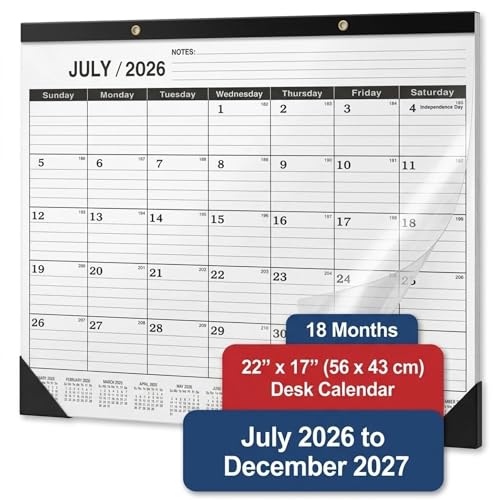 Desk Calendar 2026-2027 - Large 18-Month Monthly Desk Pad, July 2026 to December 2027, 22" x 17" Calendar with 120g Thick Paper, Golden Hanging Holes & Goals Section for Office and Professional Use